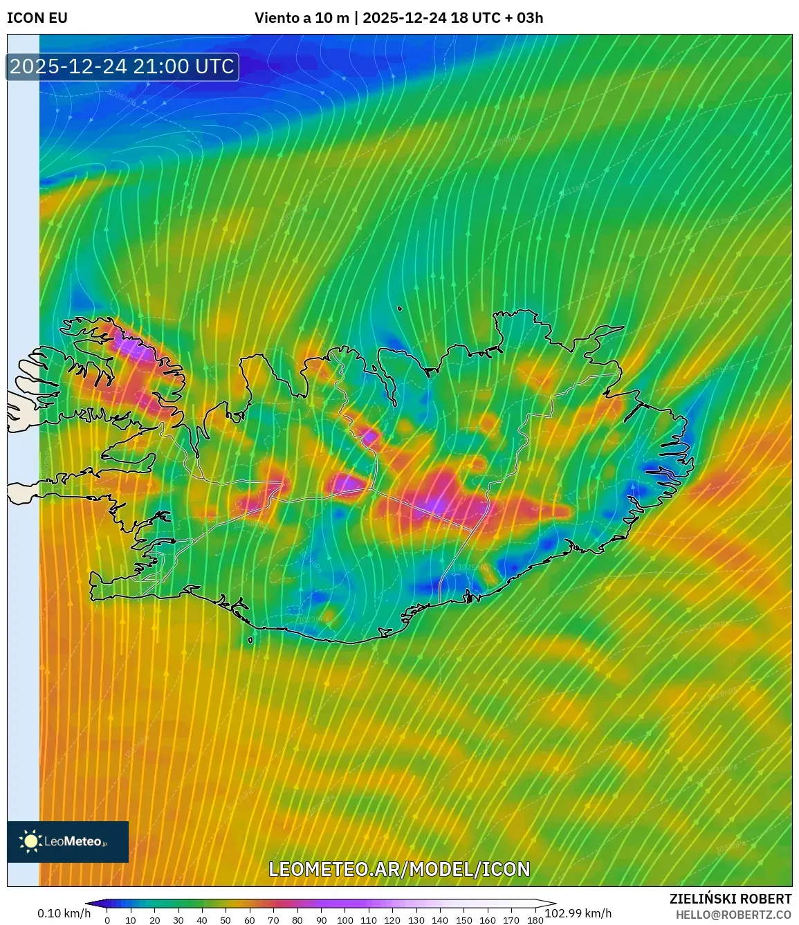 ICON model - Islandia, Wiatr na 10 m