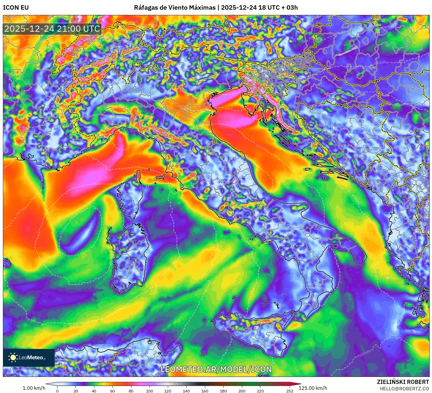 ICON model - Włochy, Maksymalne Porywy Wiatru