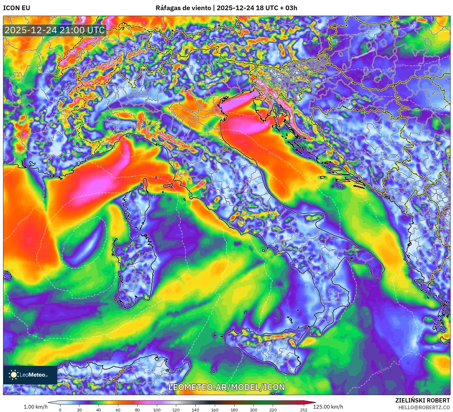 ICON model - Włochy, Porywy wiatru