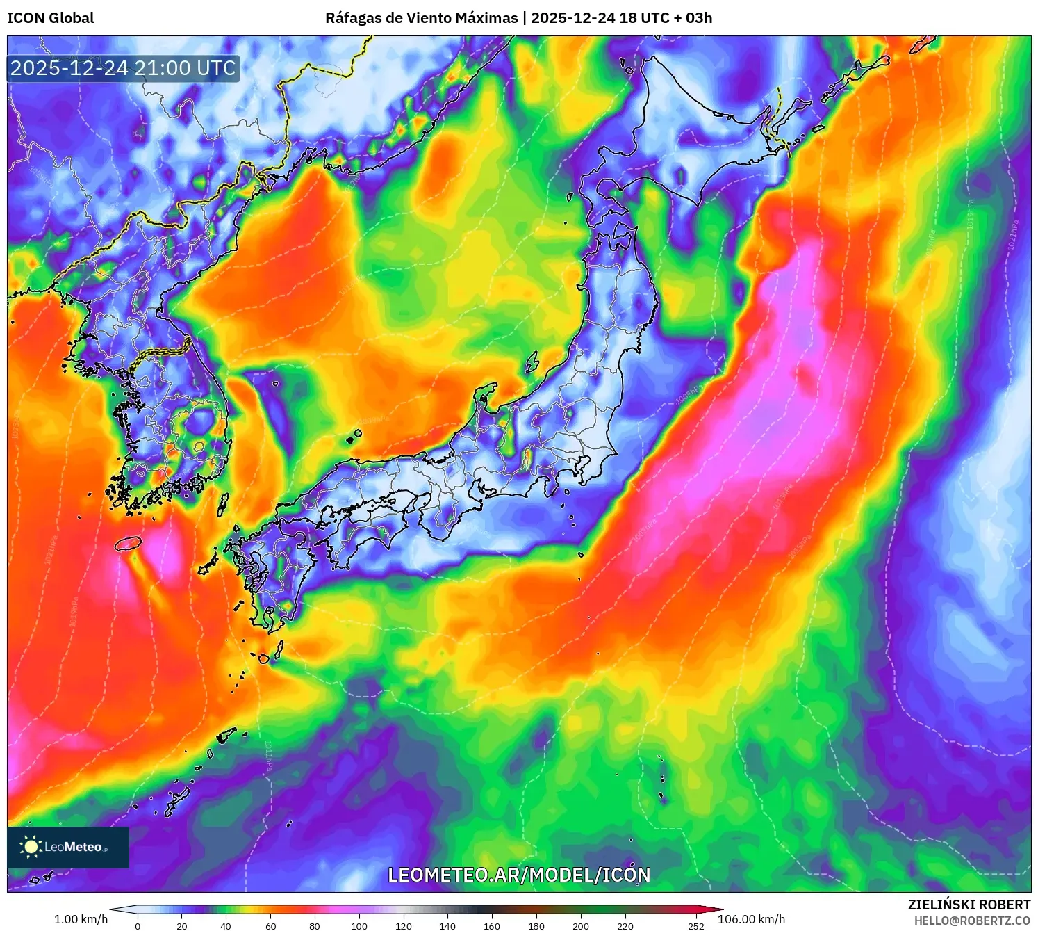 ICON model - Japonia, Maksymalne Porywy Wiatru