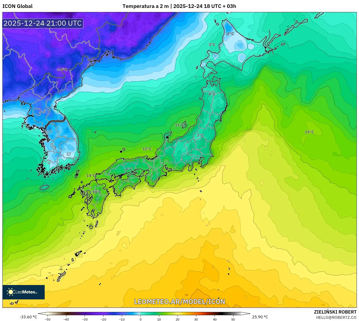 ICON model - Japonia, Temperatura na 2 m