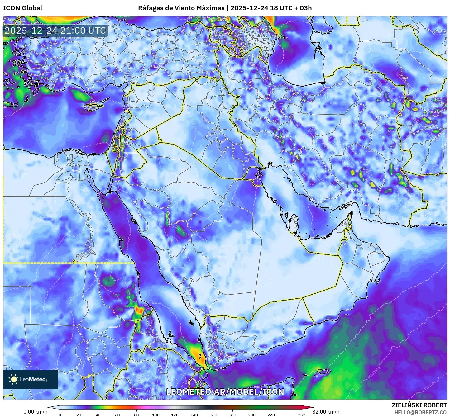 ICON model - Bliski Wschód, Maksymalne Porywy Wiatru