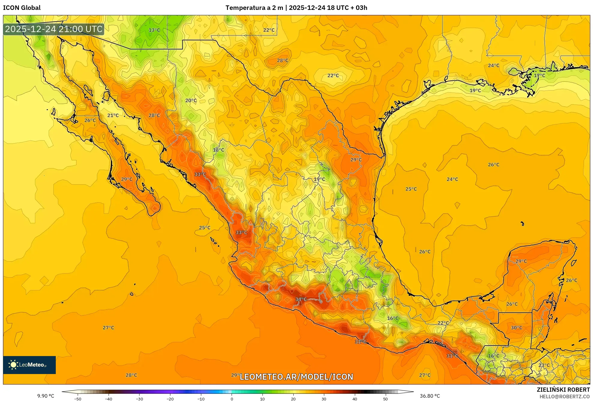 ICON model - Meksyk, Temperatura na 2 m