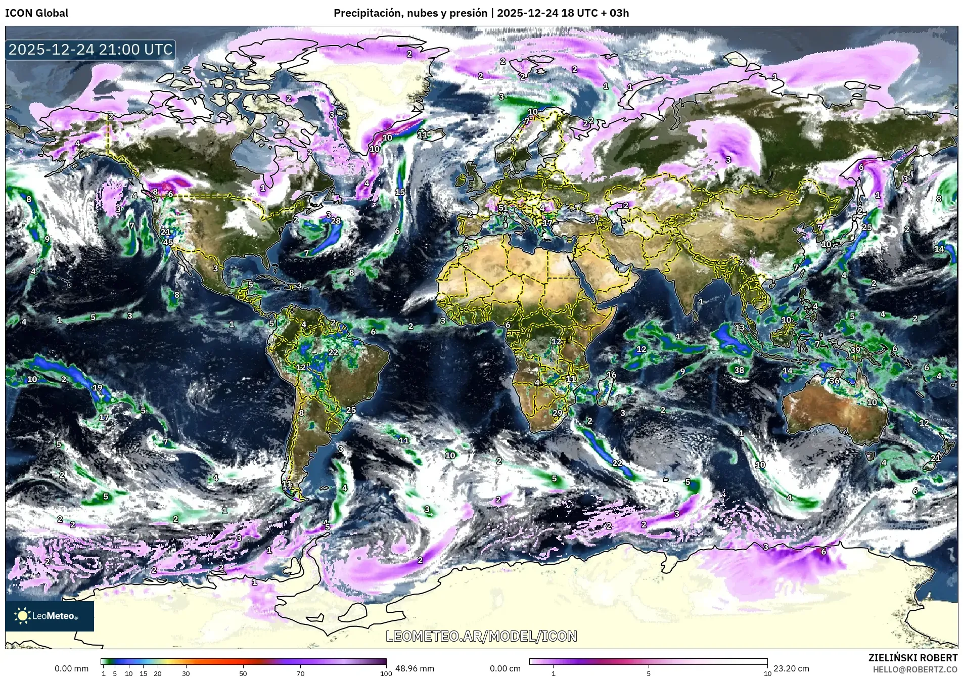 ICON model - Świat, Opady, chmury i ciśnienie
