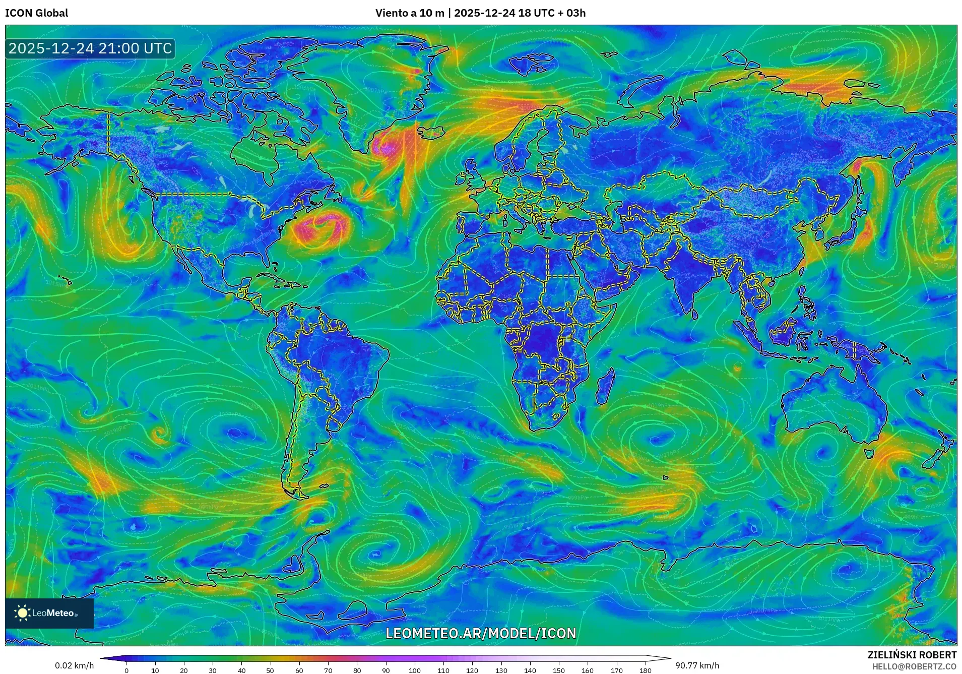 ICON model - Świat, Wiatr na 10 m