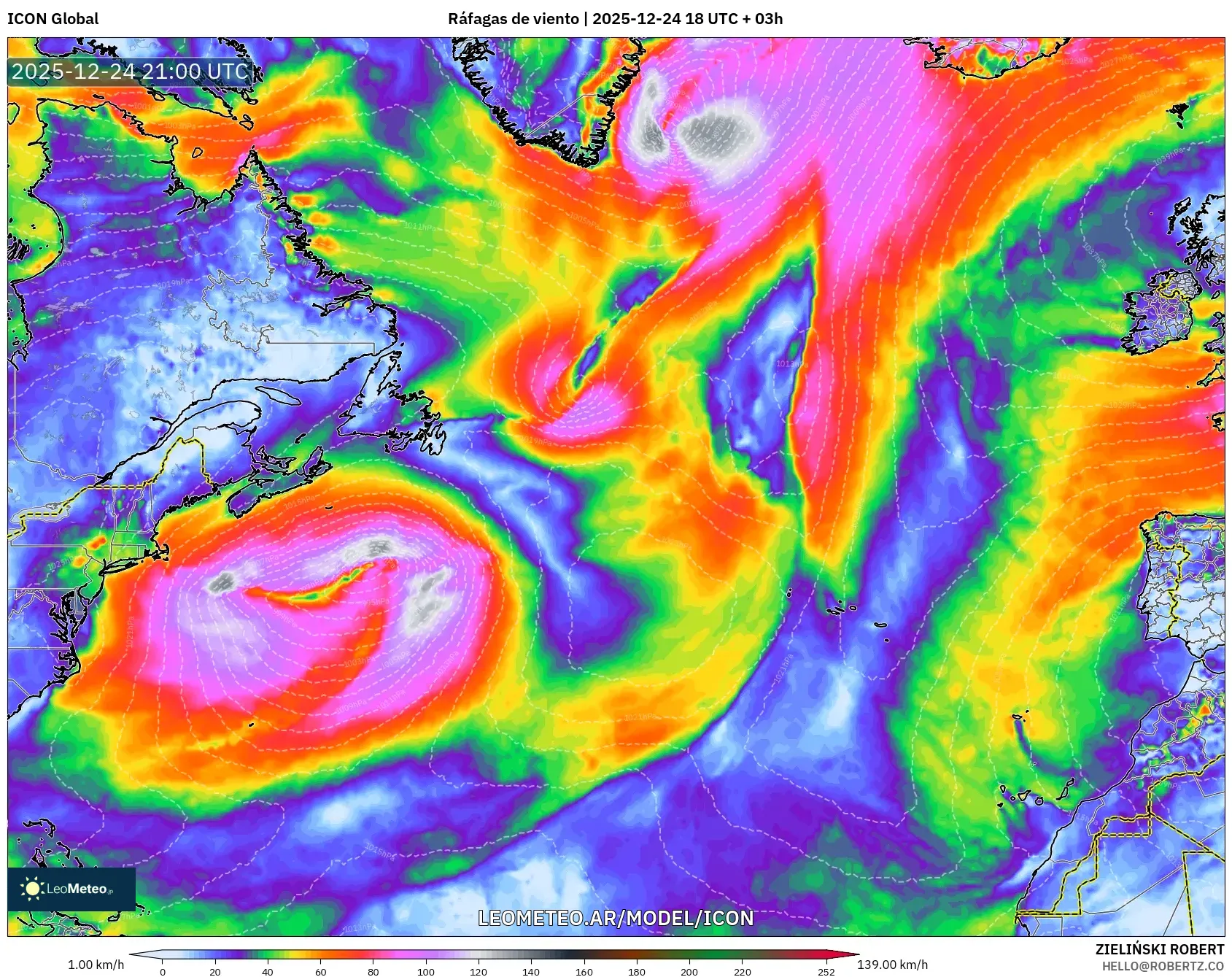 ICON model - Atlantyk Północny, Porywy wiatru
