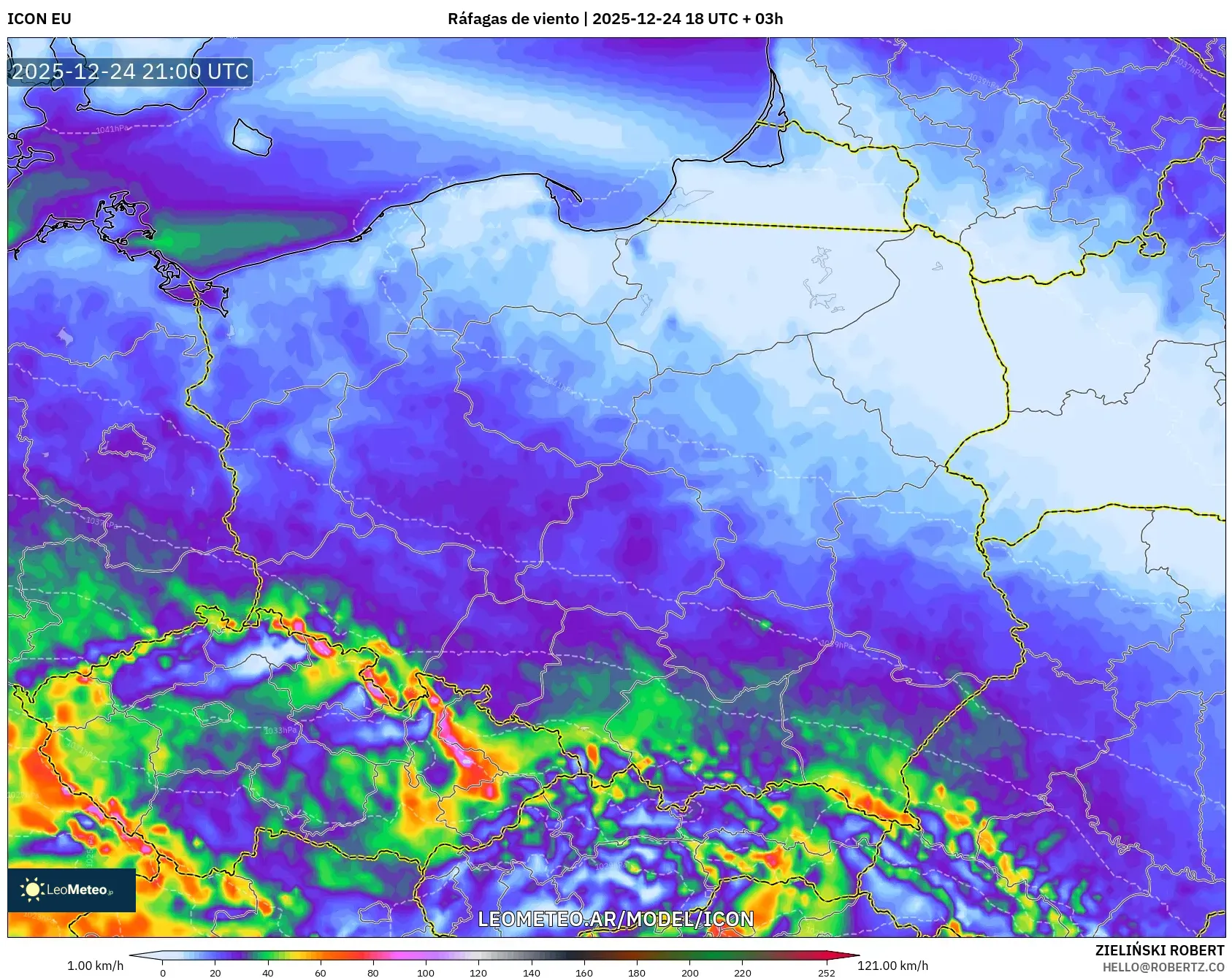 ICON model - Polska, Porywy wiatru