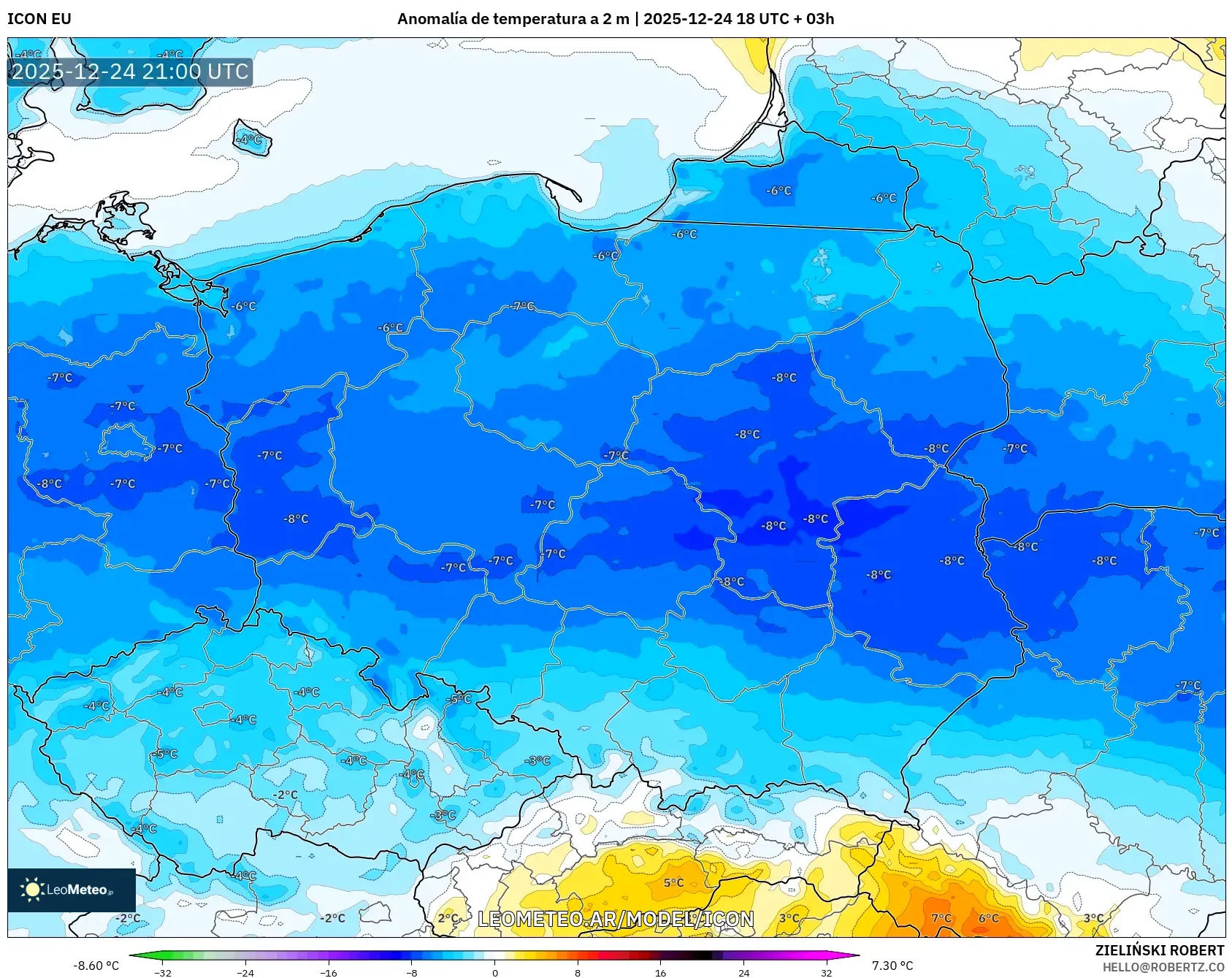 ICON model - Polska, Anomalia temperatury na 2 m