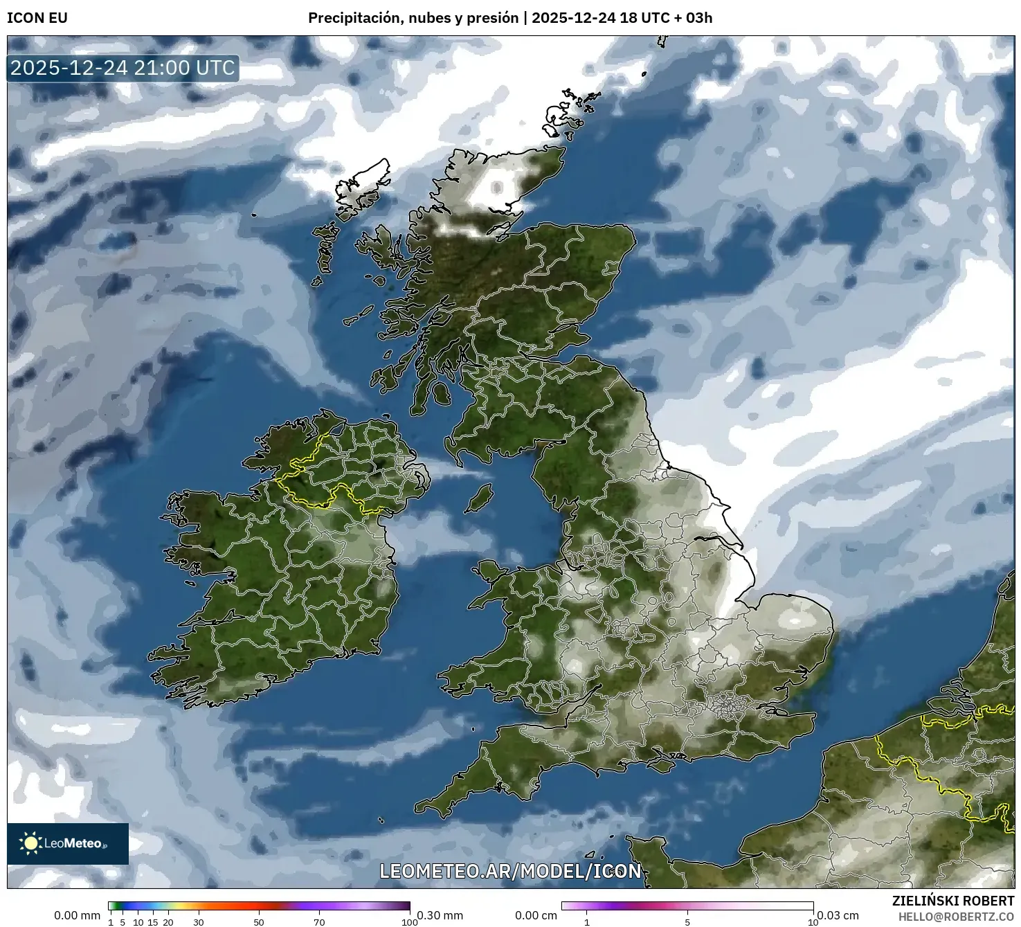ICON model - Wielka Brytania, Opady, chmury i ciśnienie