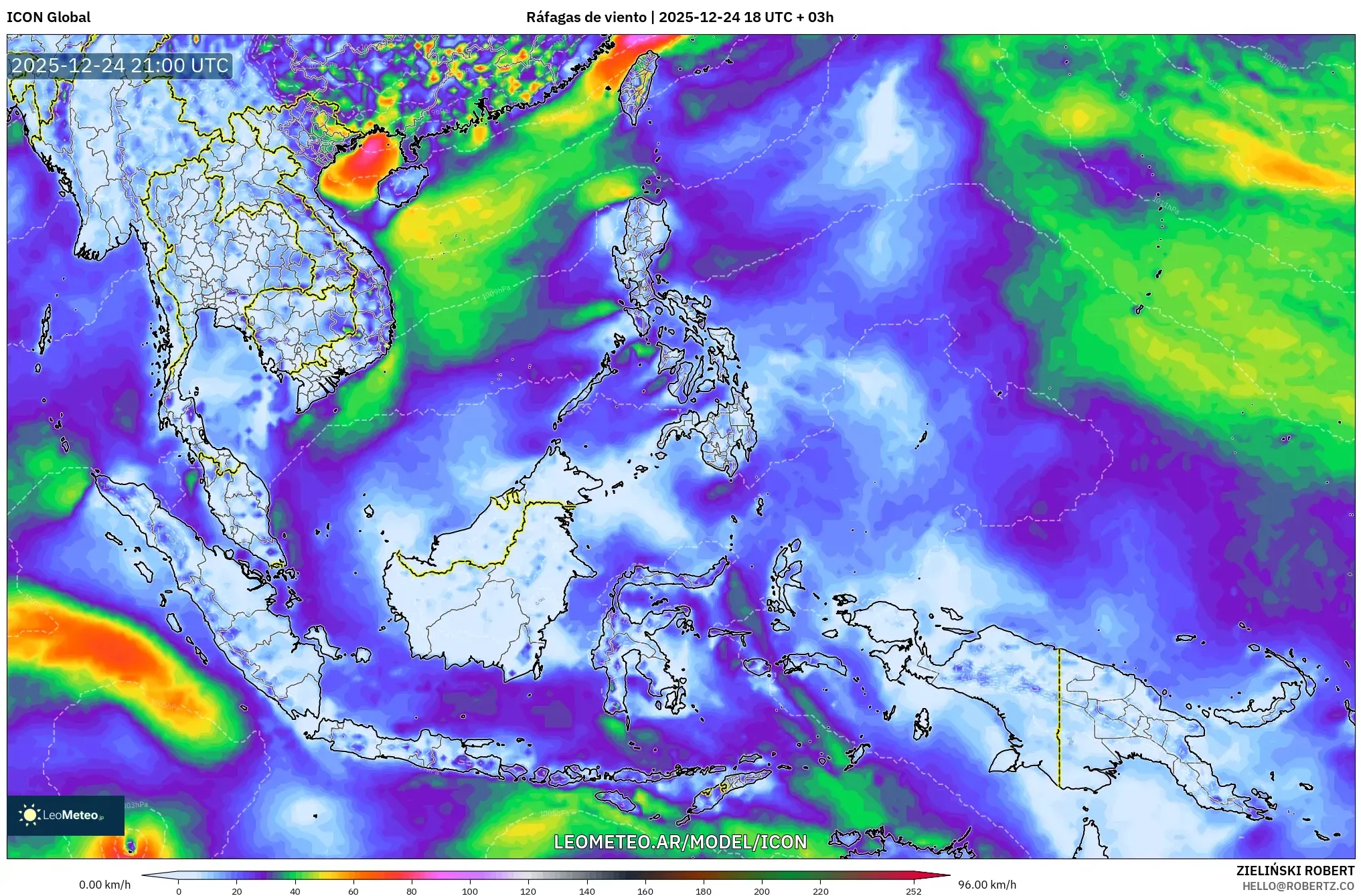 ICON model - Azja Południowo-Wschodnia, Porywy wiatru