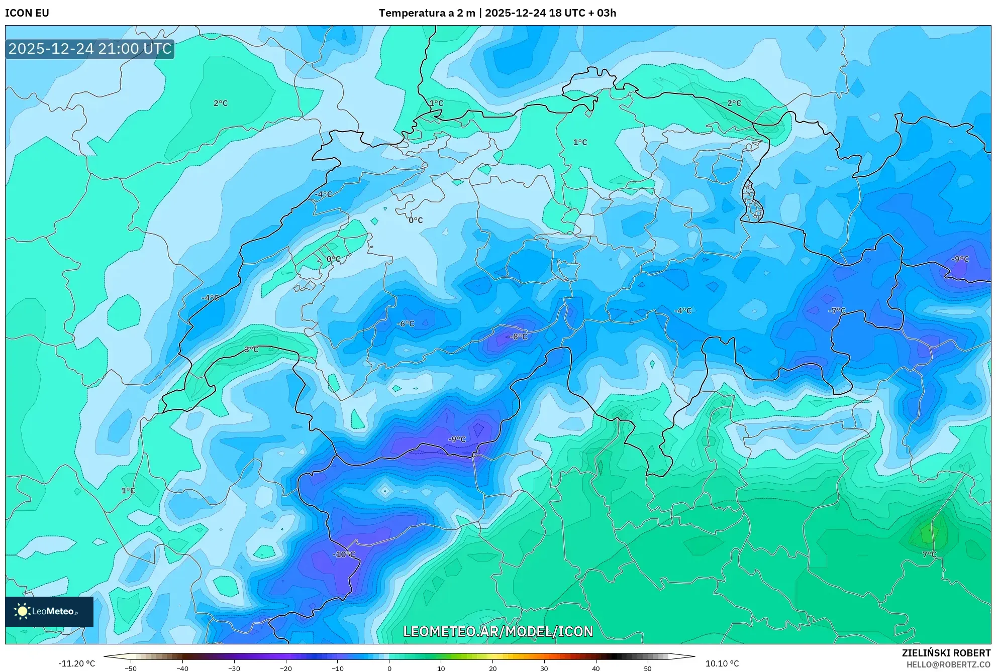 ICON model - Szwajcaria, Temperatura na 2 m