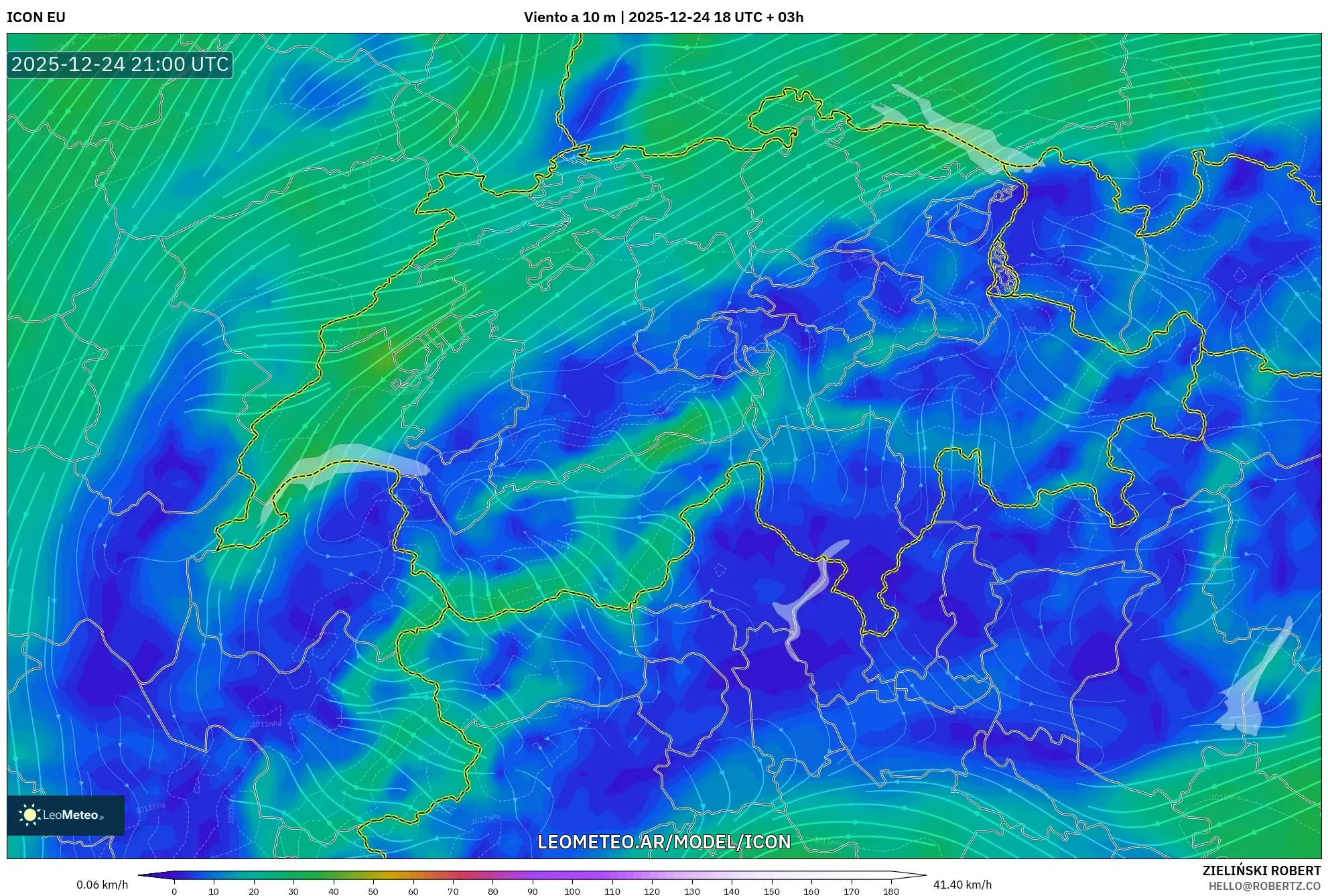 ICON model - Szwajcaria, Wiatr na 10 m