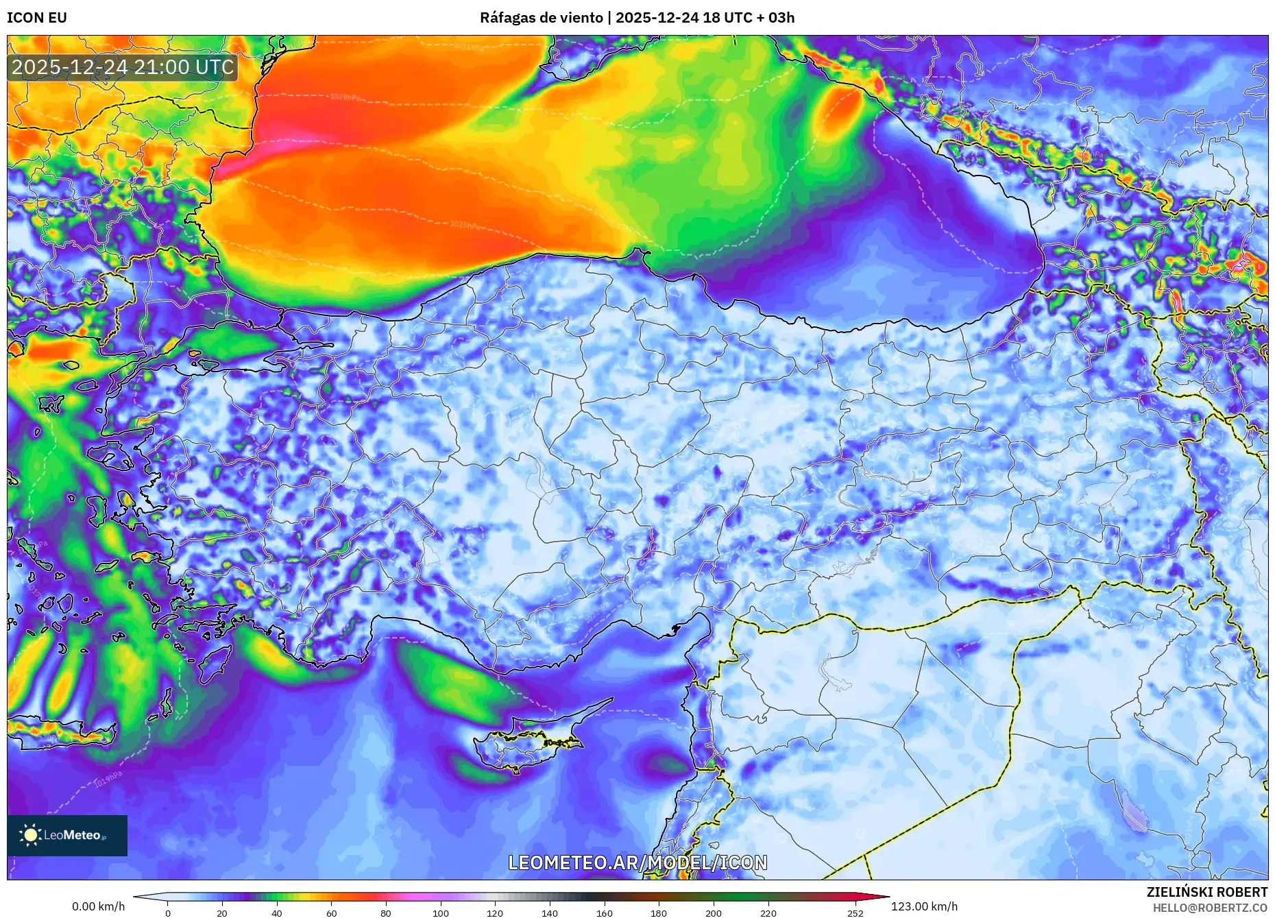 ICON model - Turcja, Porywy wiatru
