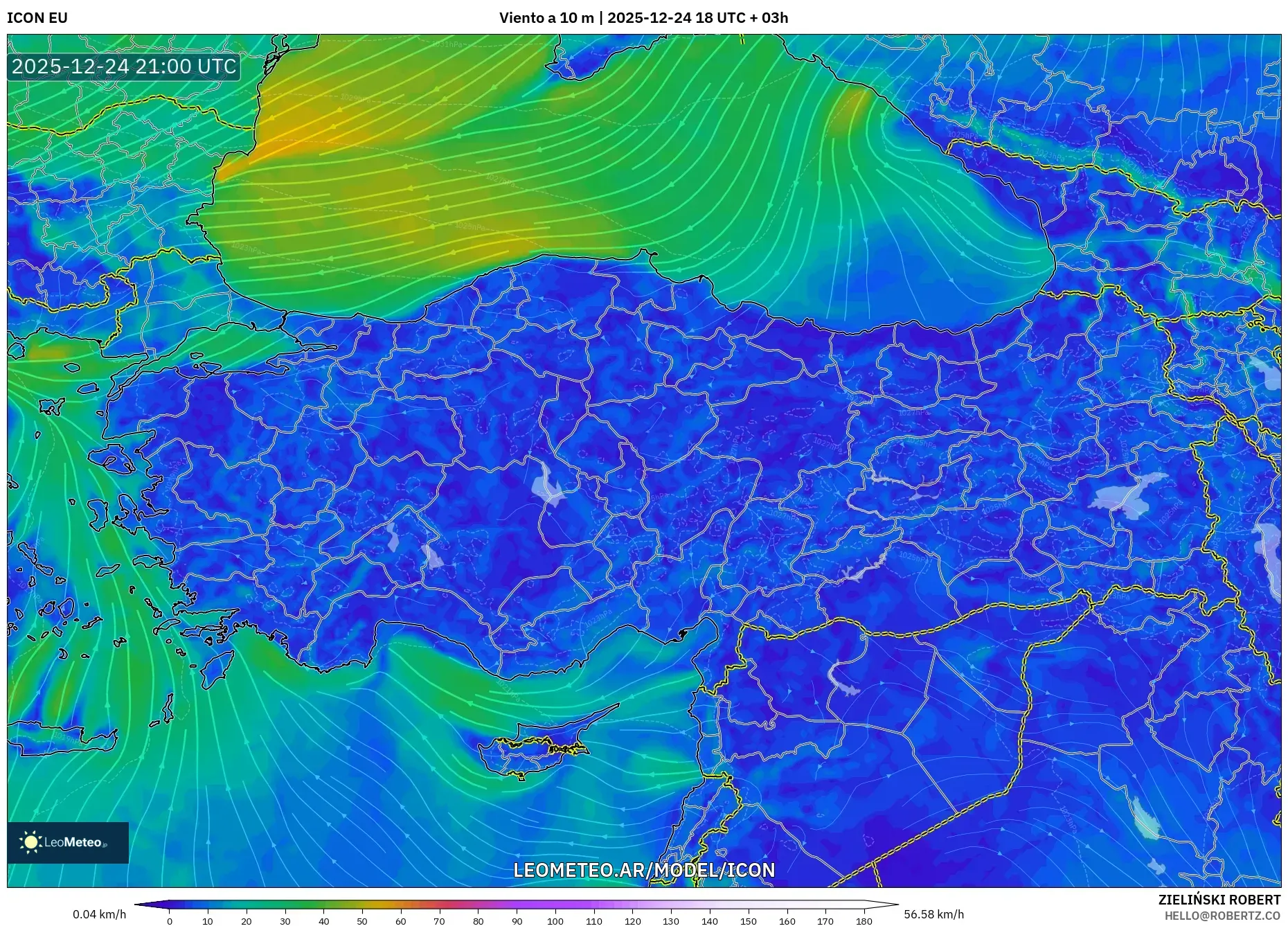 ICON model - Turcja, Wiatr na 10 m