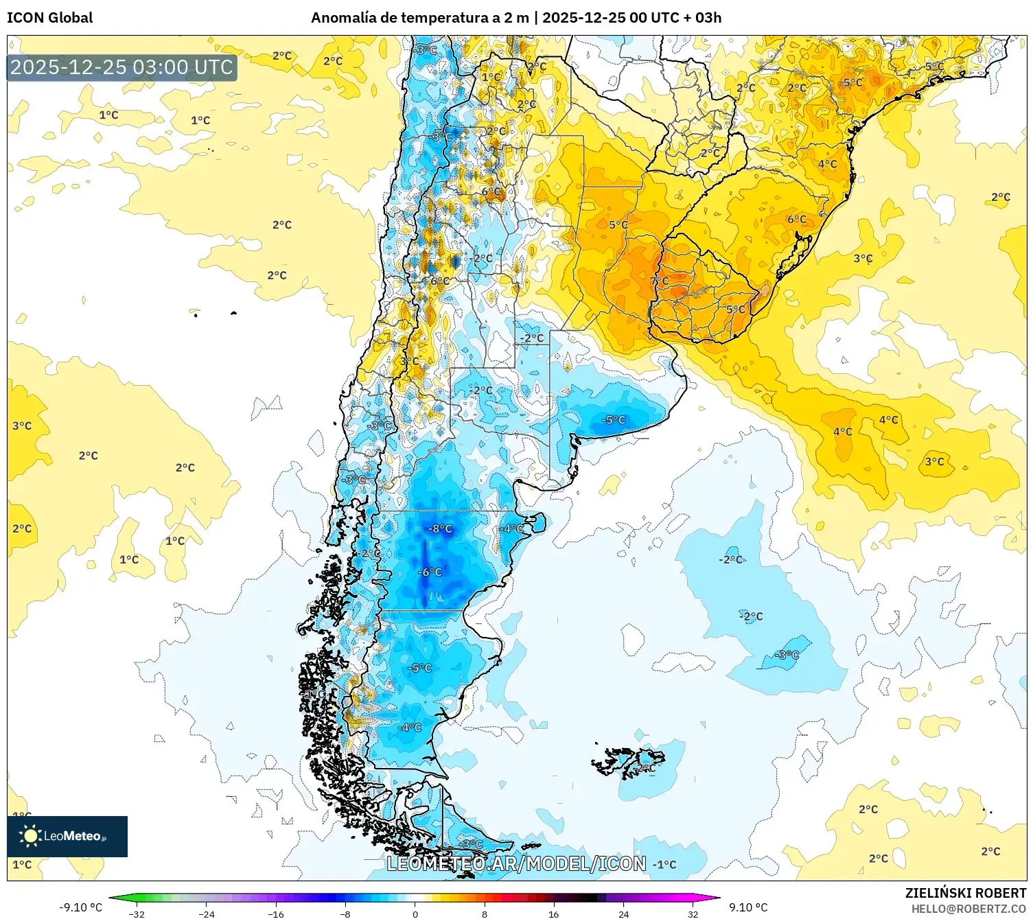 ICON model - Argentyna, Anomalia temperatury na 2 m