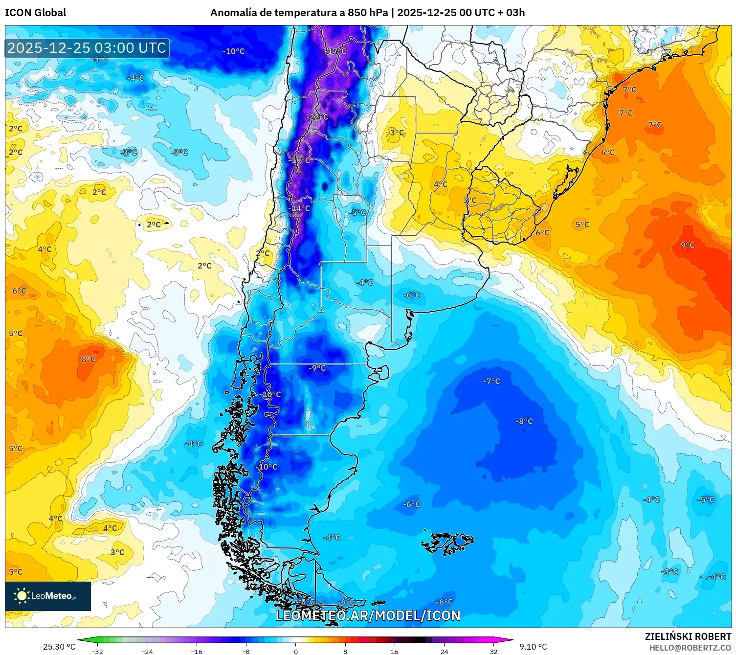 ICON model - Argentyna, Anomalia temperatury na 850 hPa