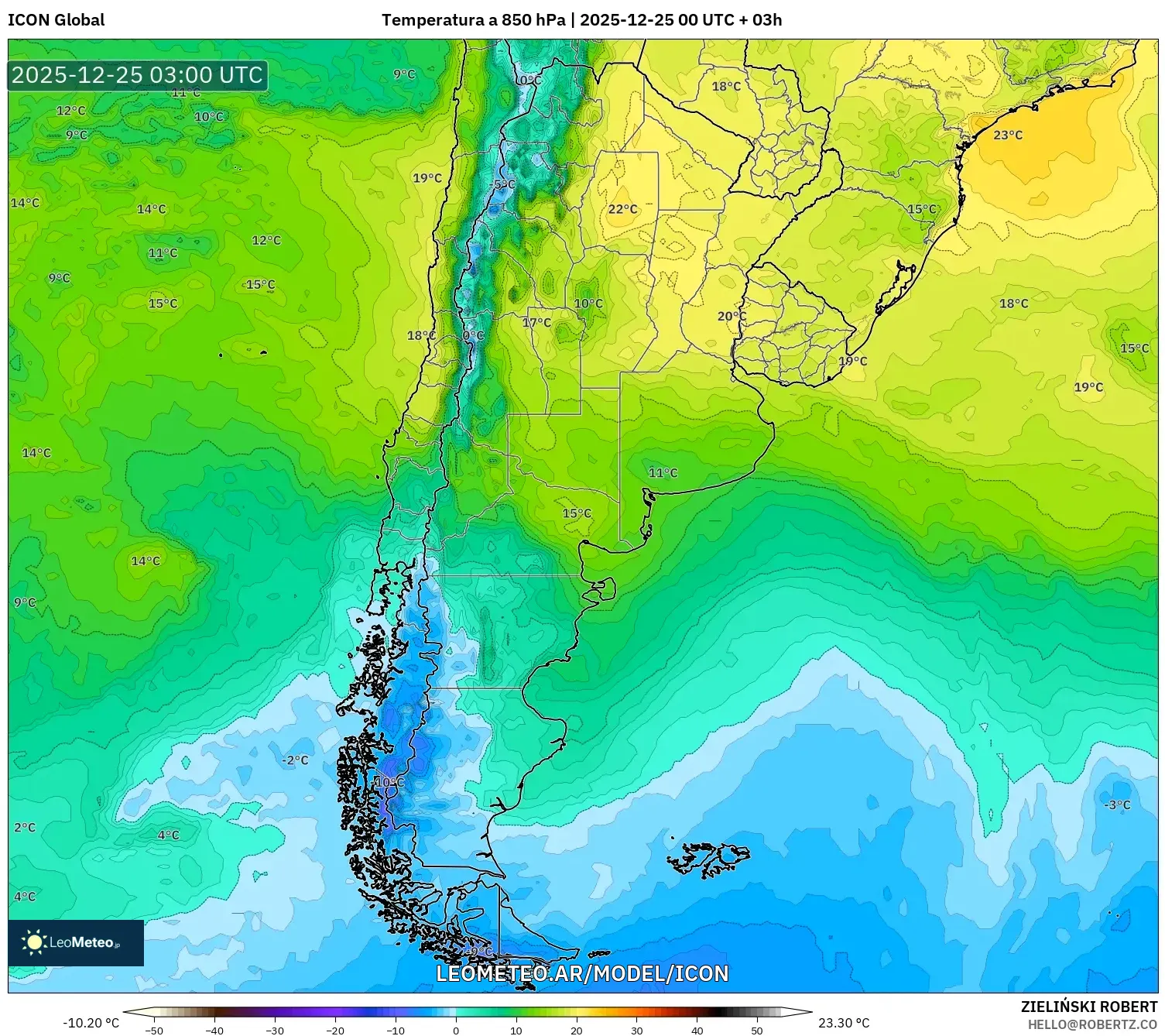 ICON model - Argentyna, Temperatura na 850 hPa