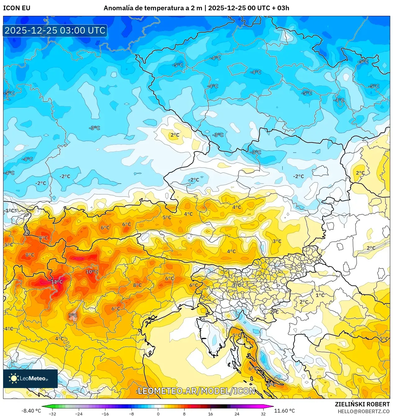 ICON model - Austria, Anomalia temperatury na 2 m