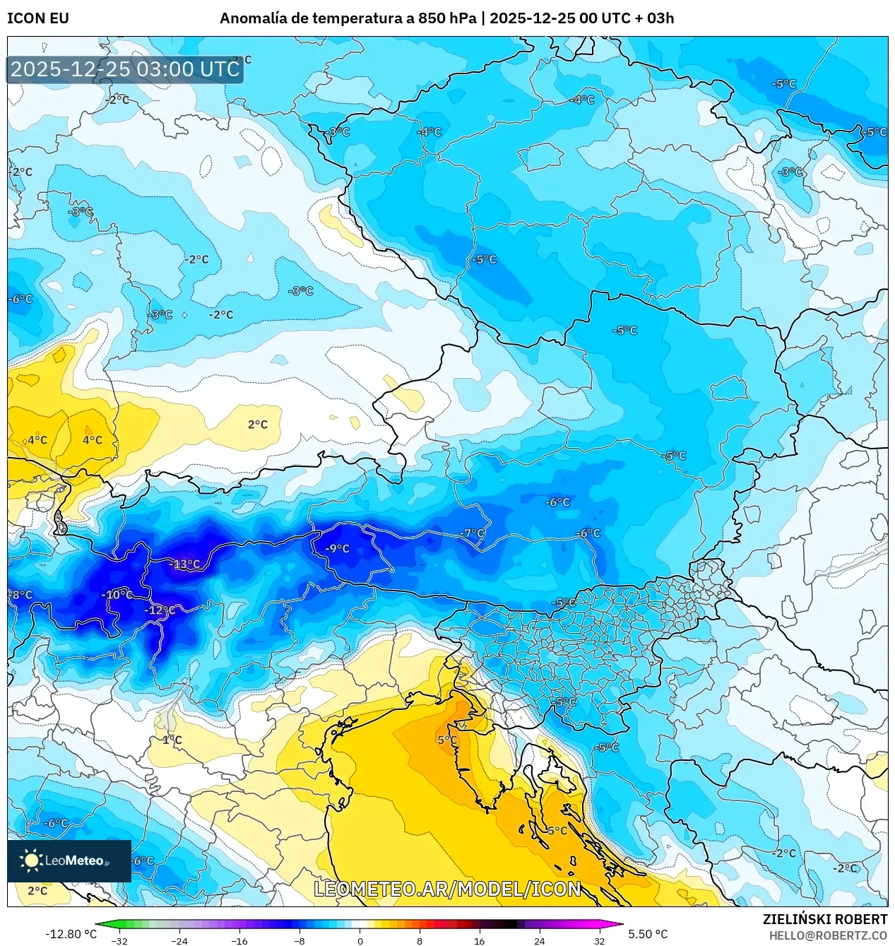 ICON model - Austria, Anomalia temperatury na 850 hPa