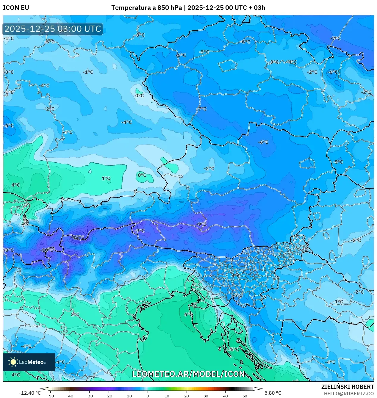 ICON model - Austria, Temperatura na 850 hPa