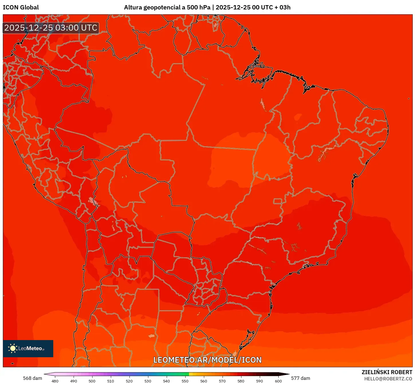 ICON model - Brazylia, Wysokość geopotencjalna na poziomie 500 hPa