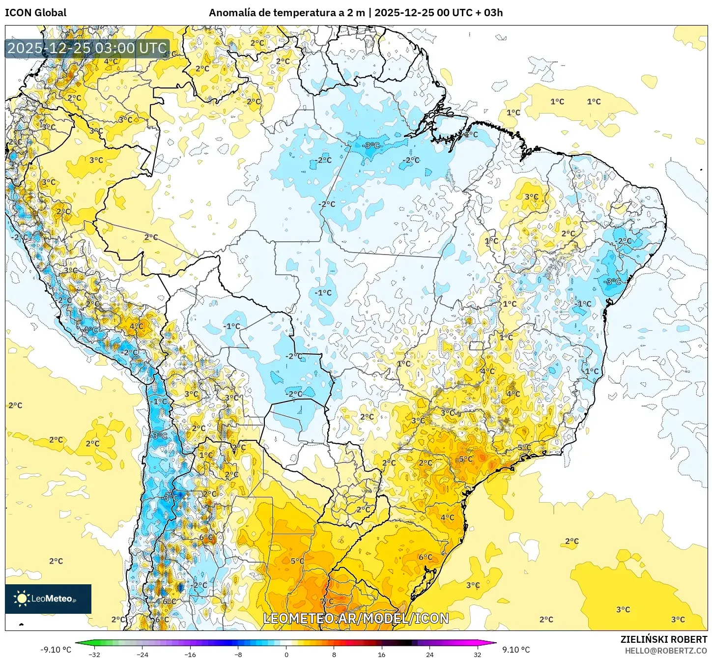 ICON model - Brazylia, Anomalia temperatury na 2 m