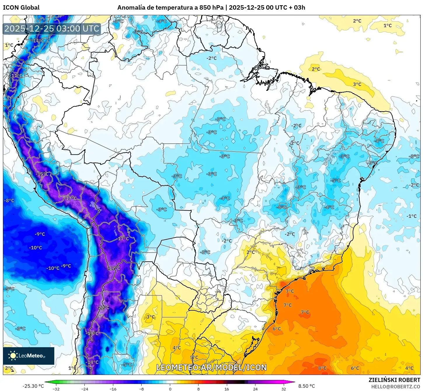 ICON model - Brazylia, Anomalia temperatury na 850 hPa