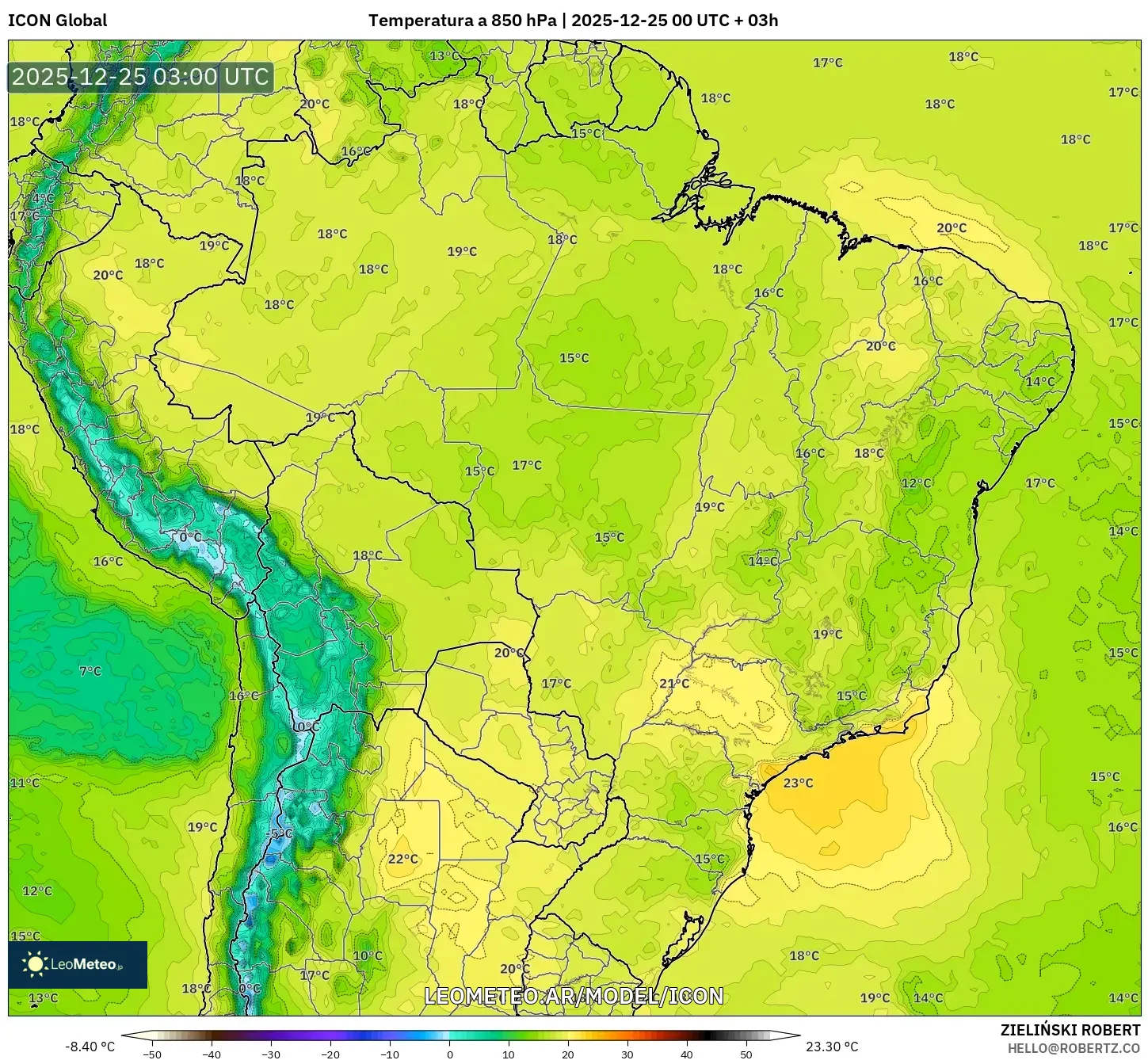 ICON model - Brazylia, Temperatura na 850 hPa
