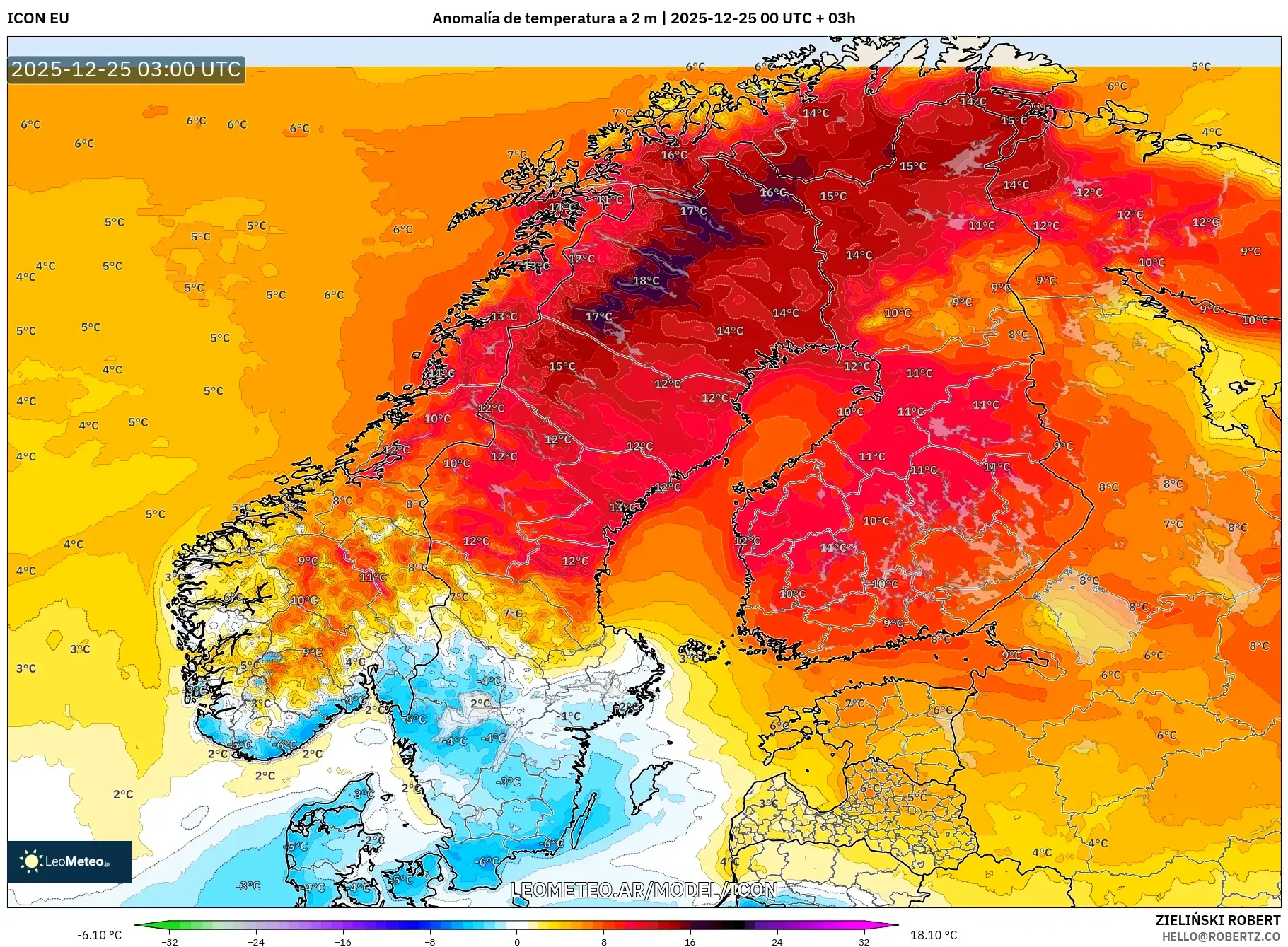 ICON model - Skandynawia, Anomalia temperatury na 2 m