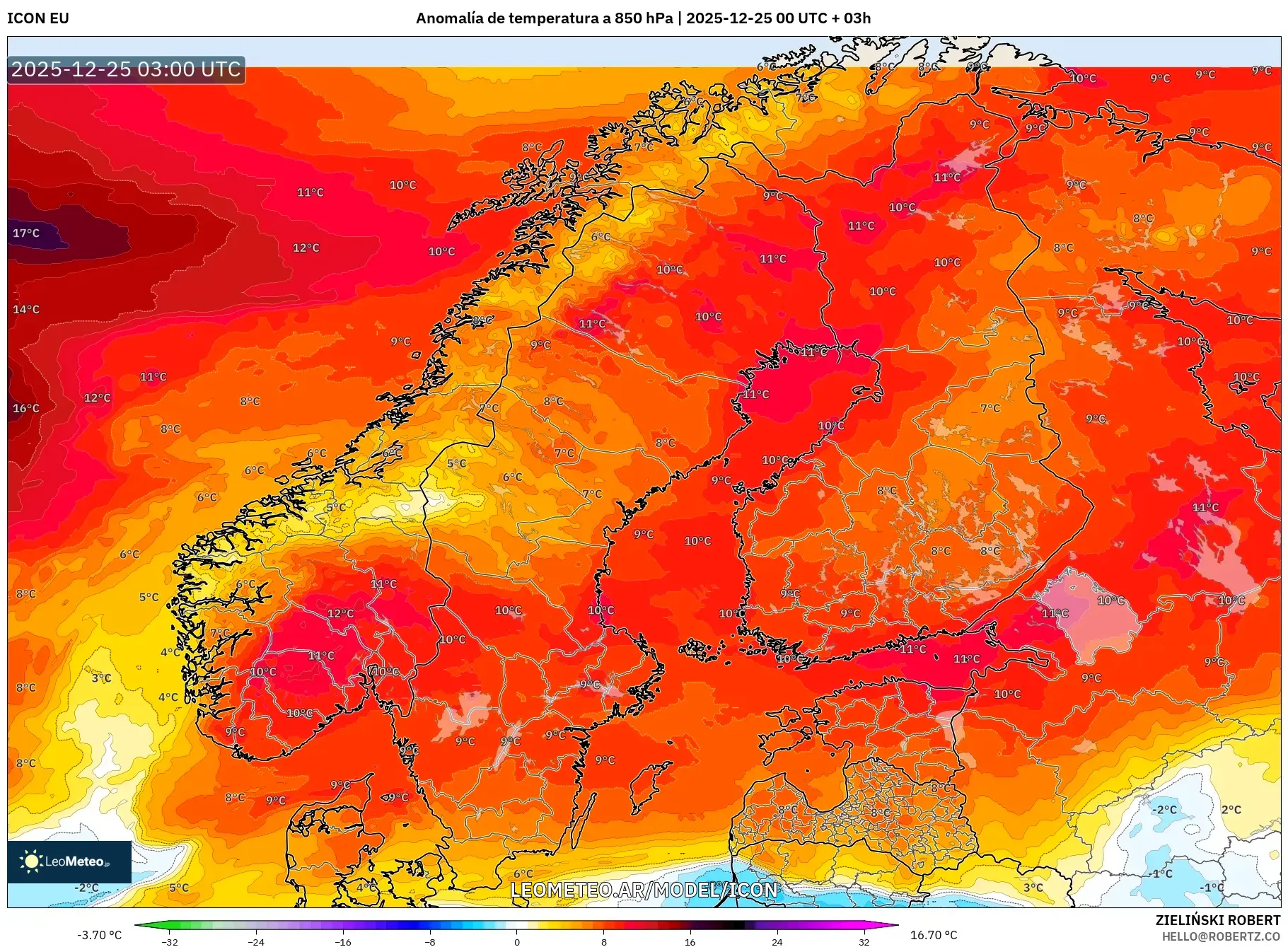 ICON model - Skandynawia, Anomalia temperatury na 850 hPa