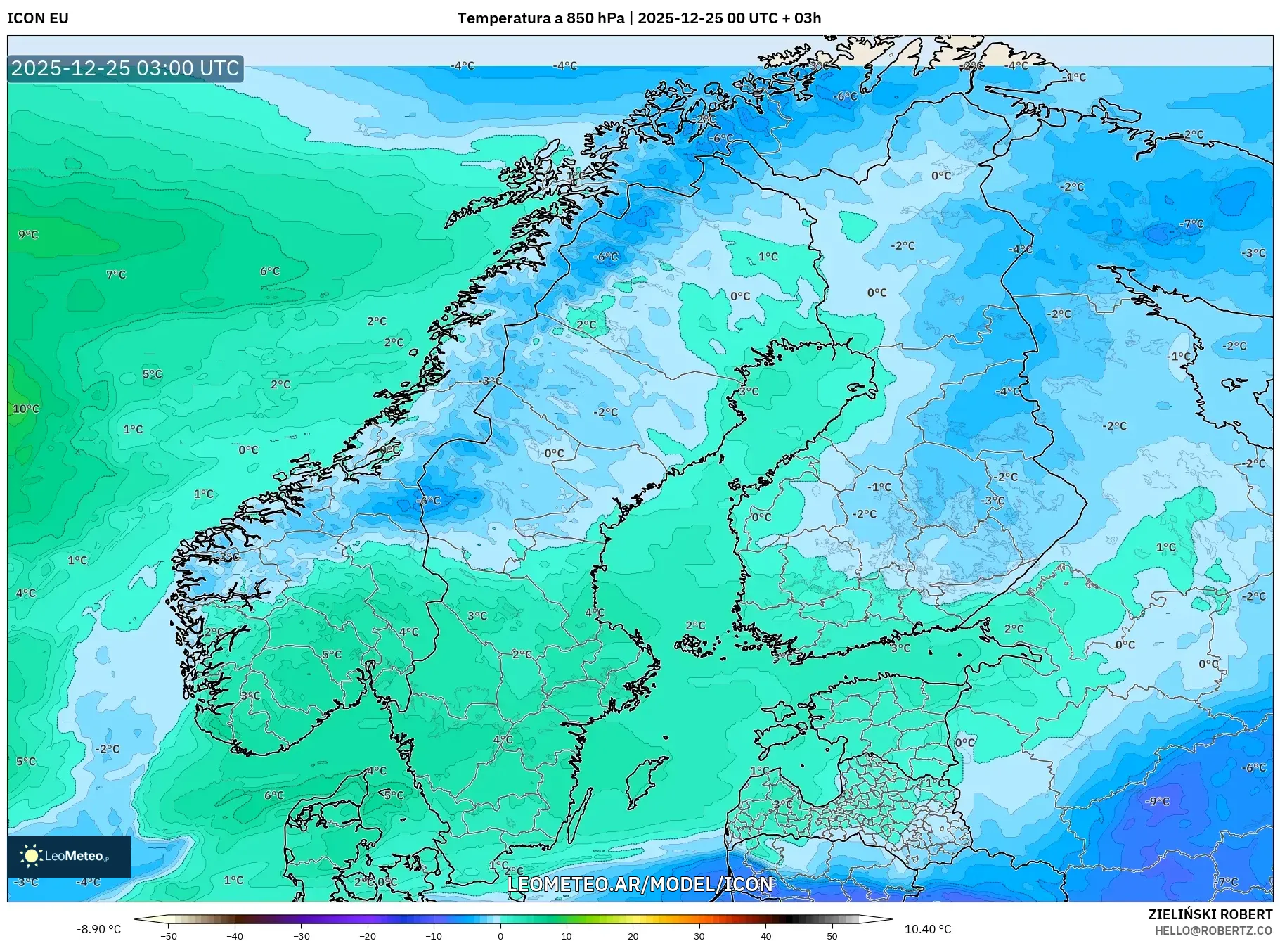 ICON model - Skandynawia, Temperatura na 850 hPa
