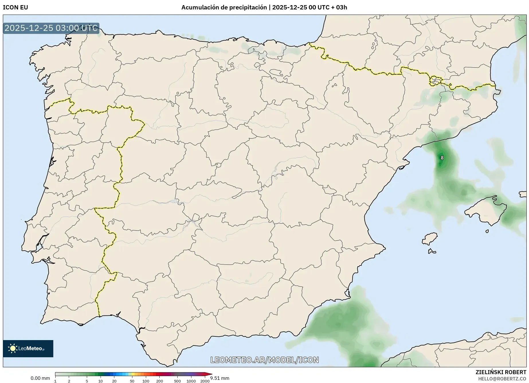 ICON model - Hiszpania, Suma opadów