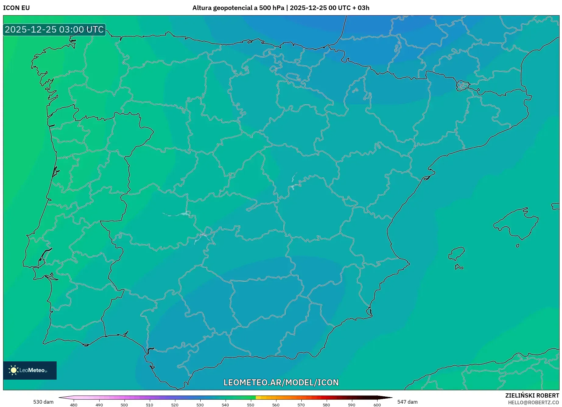 ICON model - Hiszpania, Wysokość geopotencjalna na poziomie 500 hPa