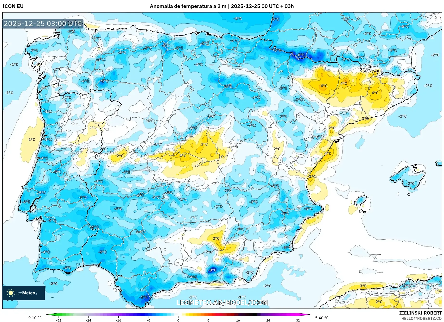ICON model - Hiszpania, Anomalia temperatury na 2 m