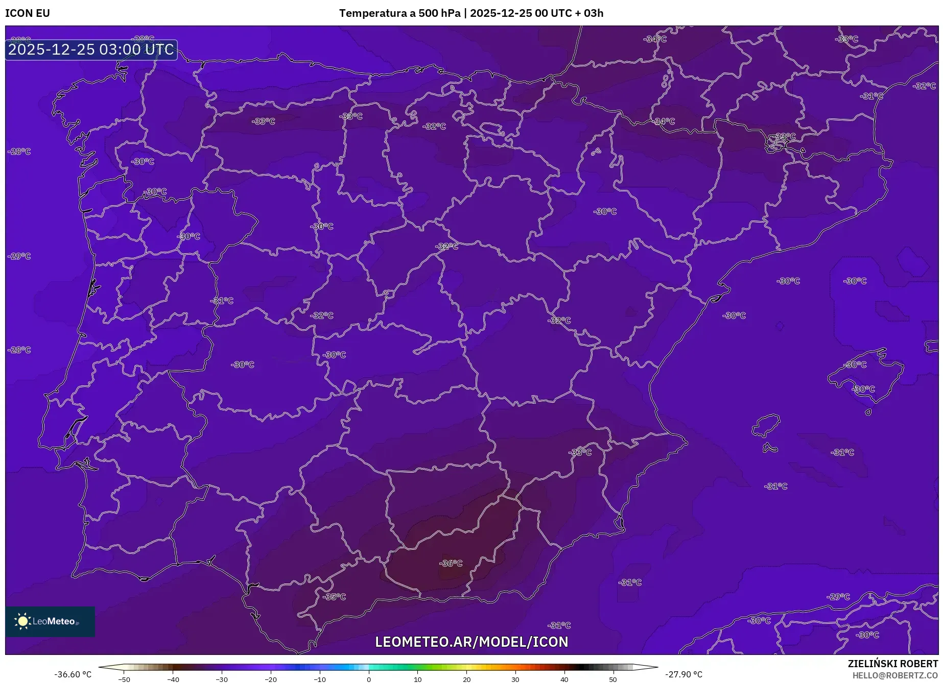 ICON model - Hiszpania, Temperatura na 500 hPa