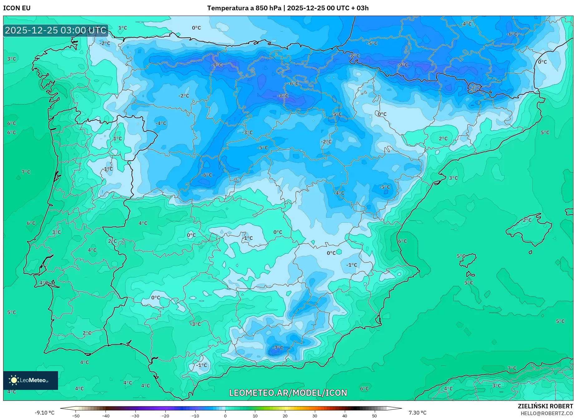 ICON model - Hiszpania, Temperatura na 850 hPa