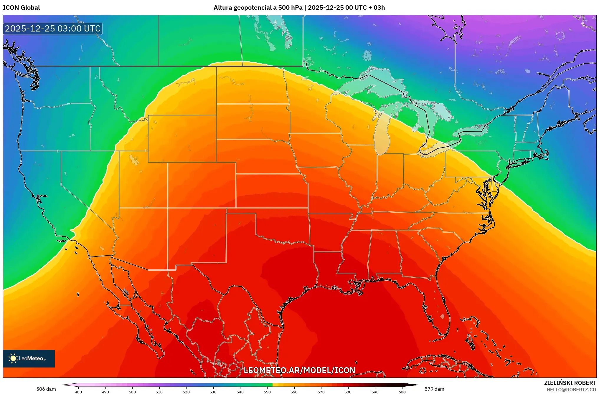 ICON model - Stany Zjednoczone, Wysokość geopotencjalna na poziomie 500 hPa