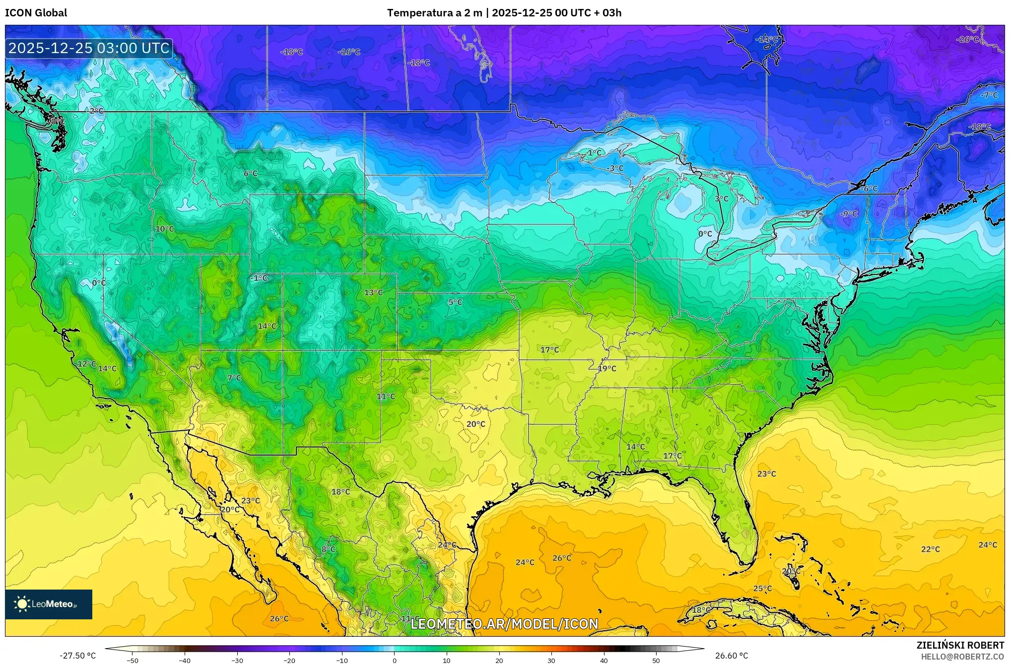 ICON model - Stany Zjednoczone, Temperatura na 2 m