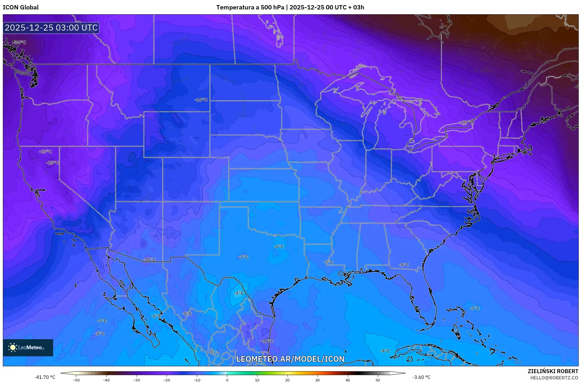 ICON model - Stany Zjednoczone, Temperatura na 500 hPa