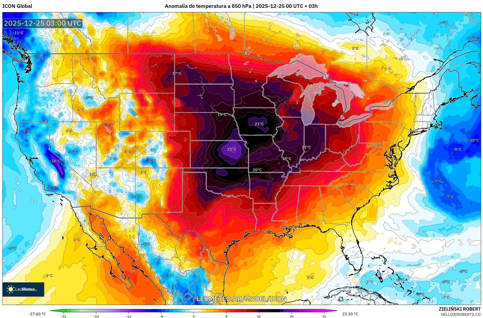 ICON model - Stany Zjednoczone, Anomalia temperatury na 850 hPa