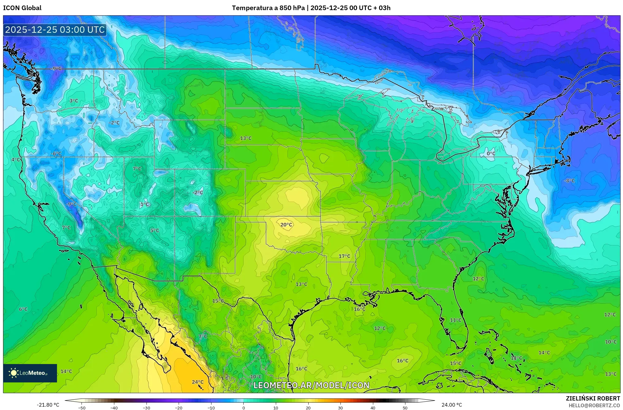 ICON model - Stany Zjednoczone, Temperatura na 850 hPa
