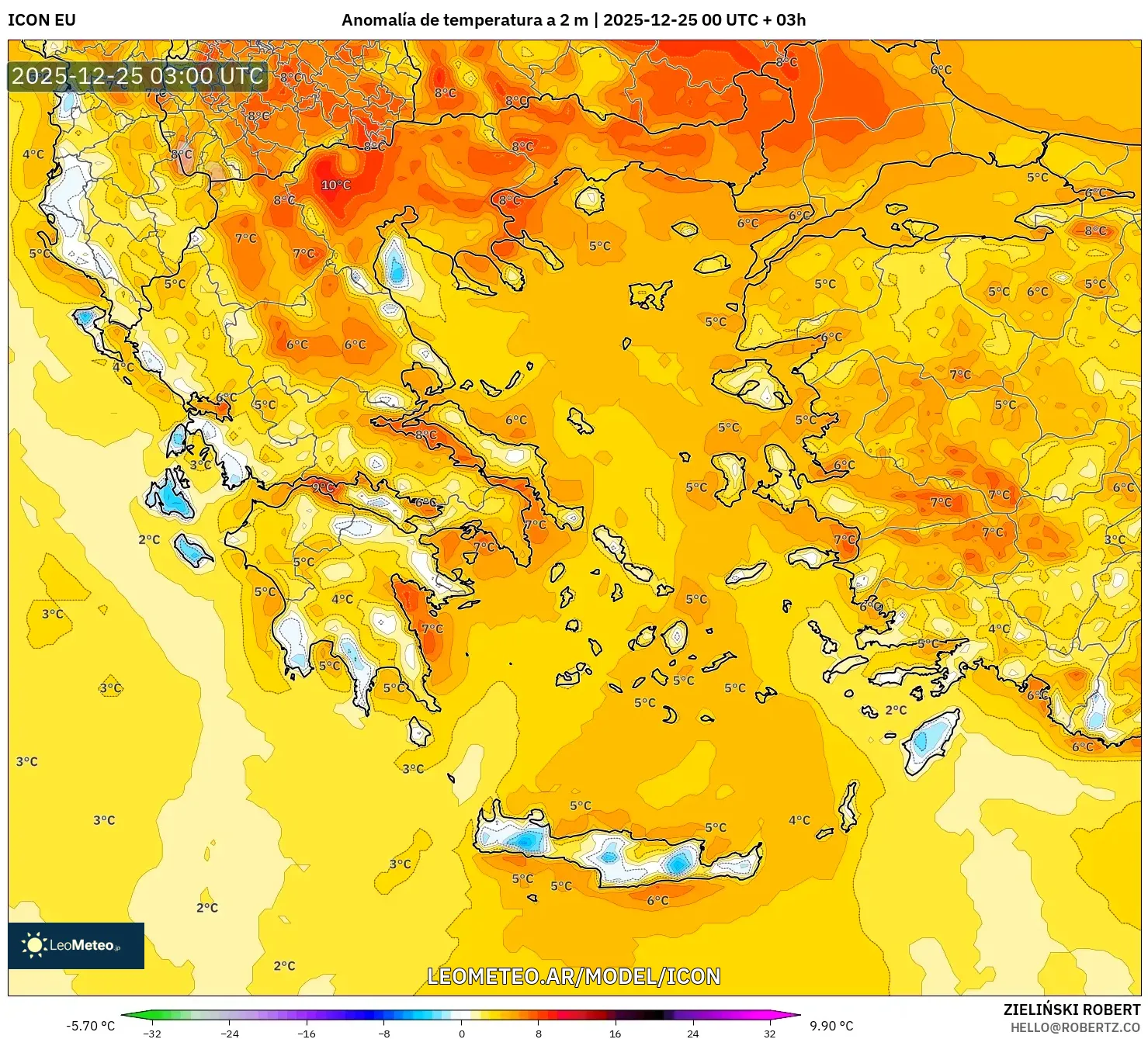 ICON model - Grecja, Anomalia temperatury na 2 m