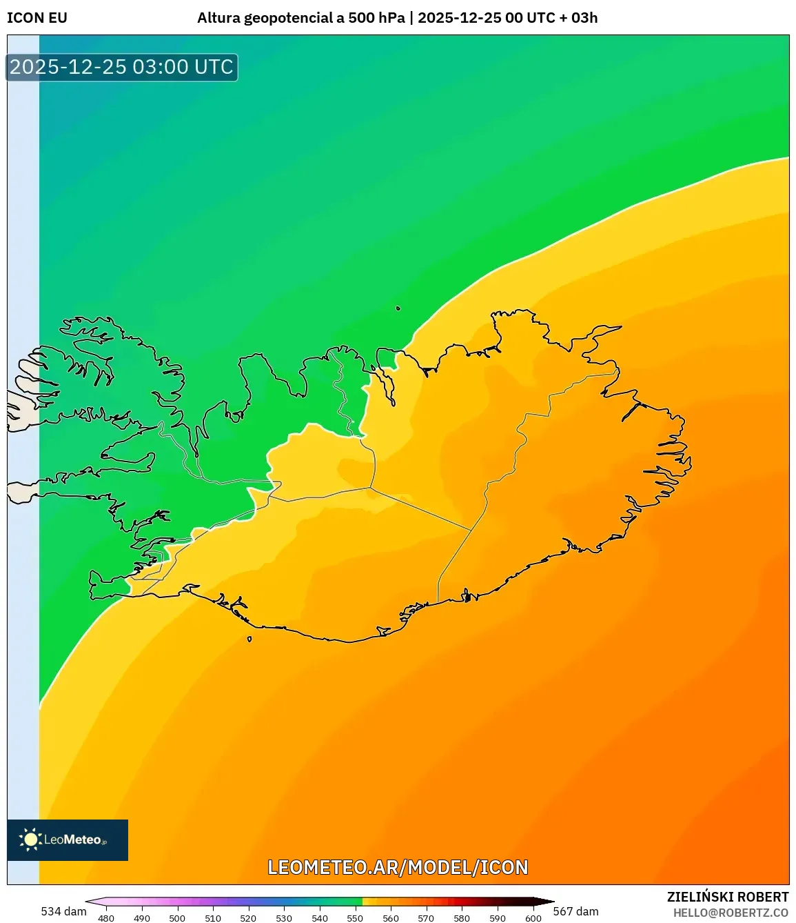 ICON model - Islandia, Wysokość geopotencjalna na poziomie 500 hPa