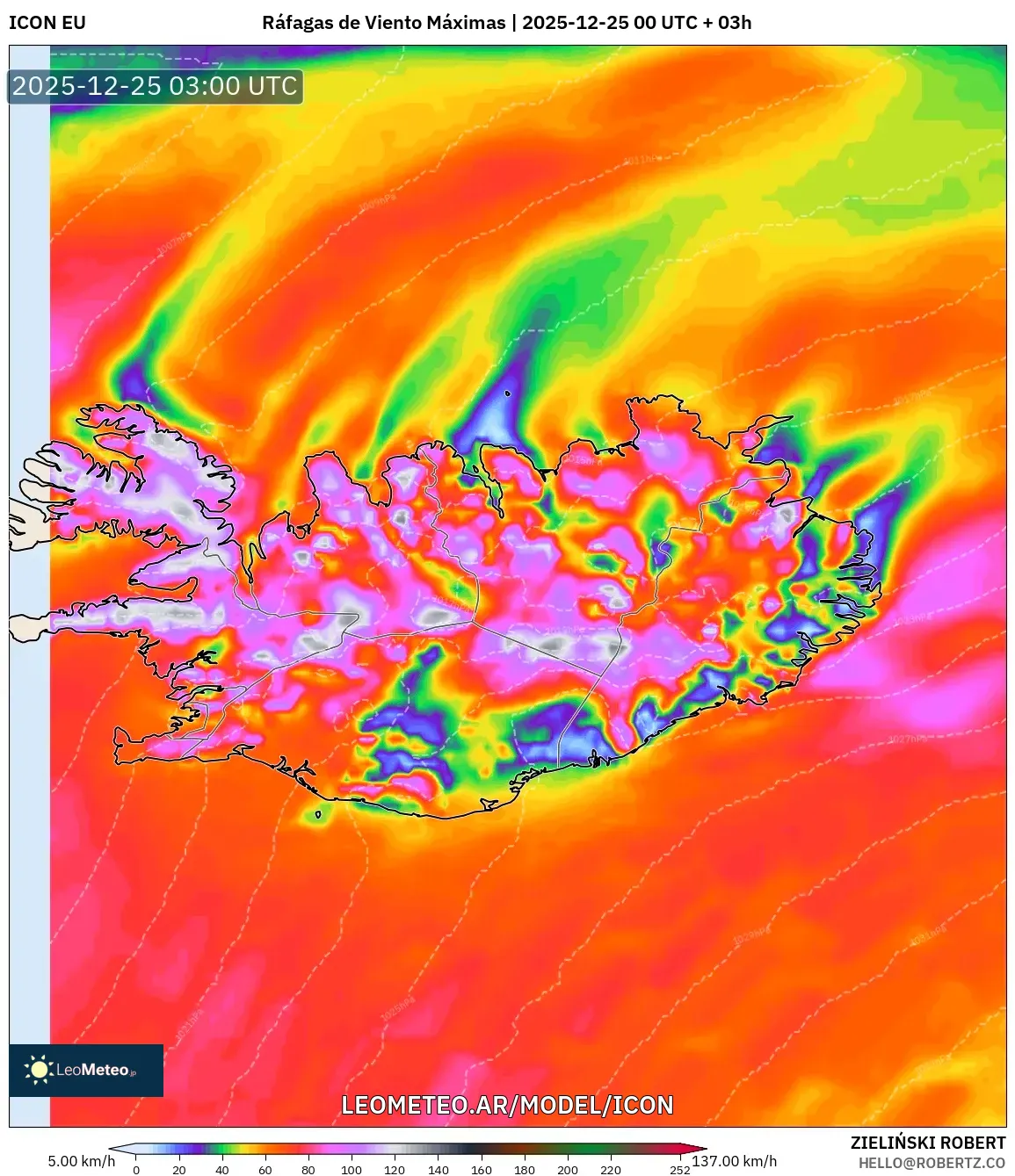ICON model - Islandia, Maksymalne Porywy Wiatru