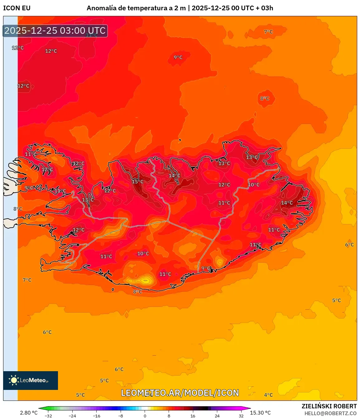 ICON model - Islandia, Anomalia temperatury na 2 m