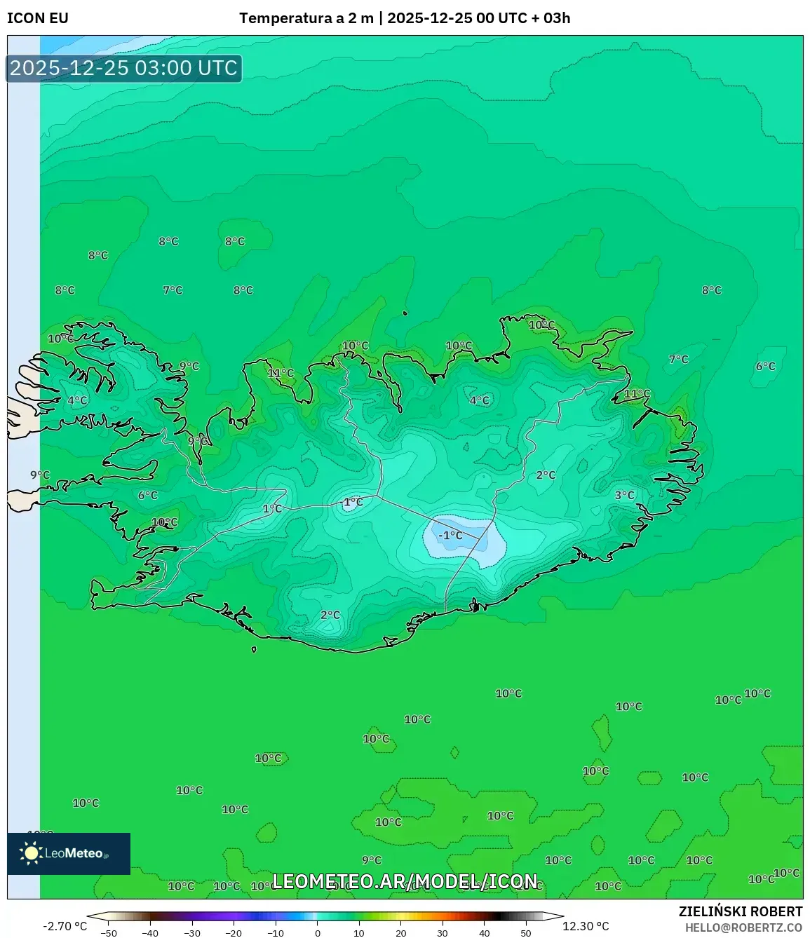ICON model - Islandia, Temperatura na 2 m