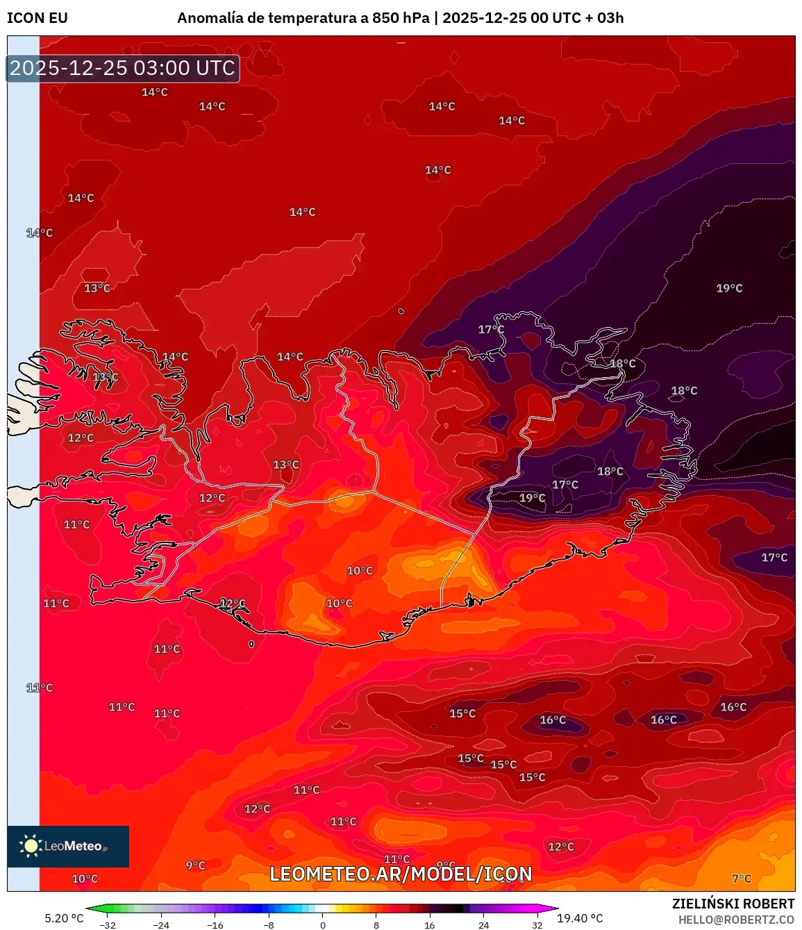ICON model - Islandia, Anomalia temperatury na 850 hPa