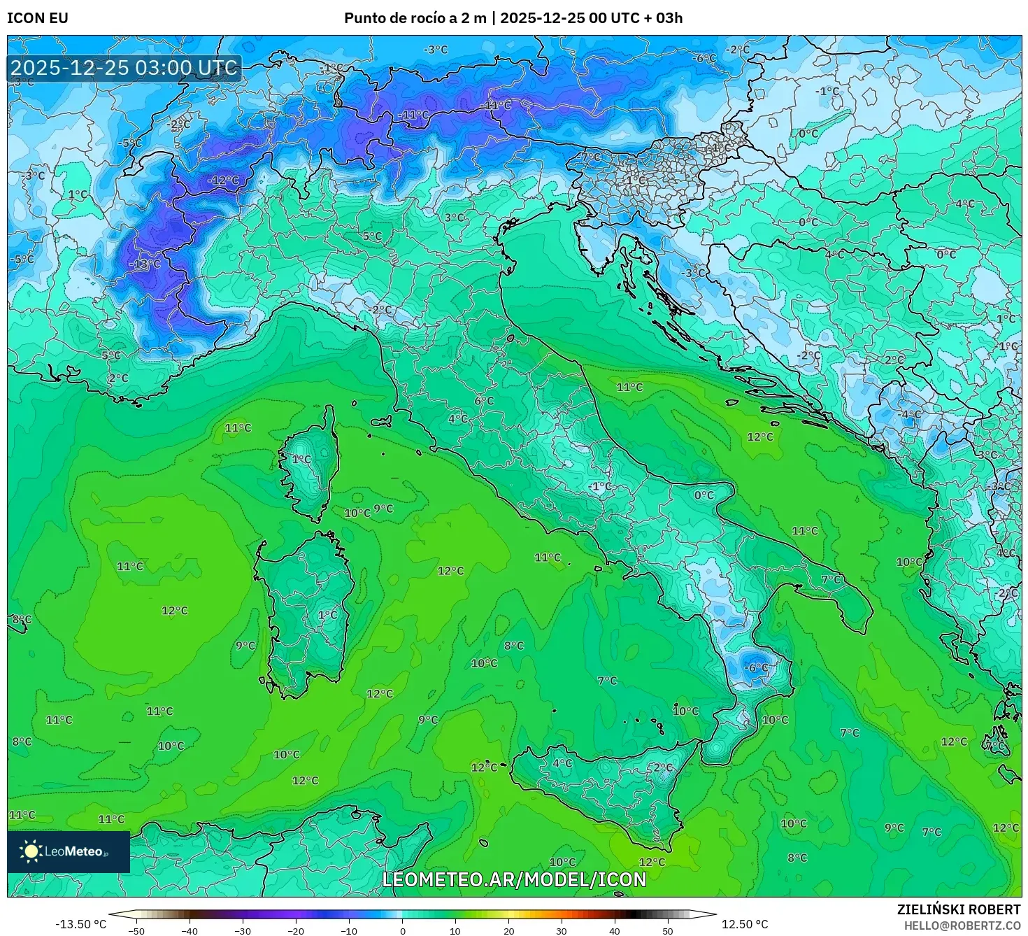 ICON model - Włochy, Punkt rosy na 2 m