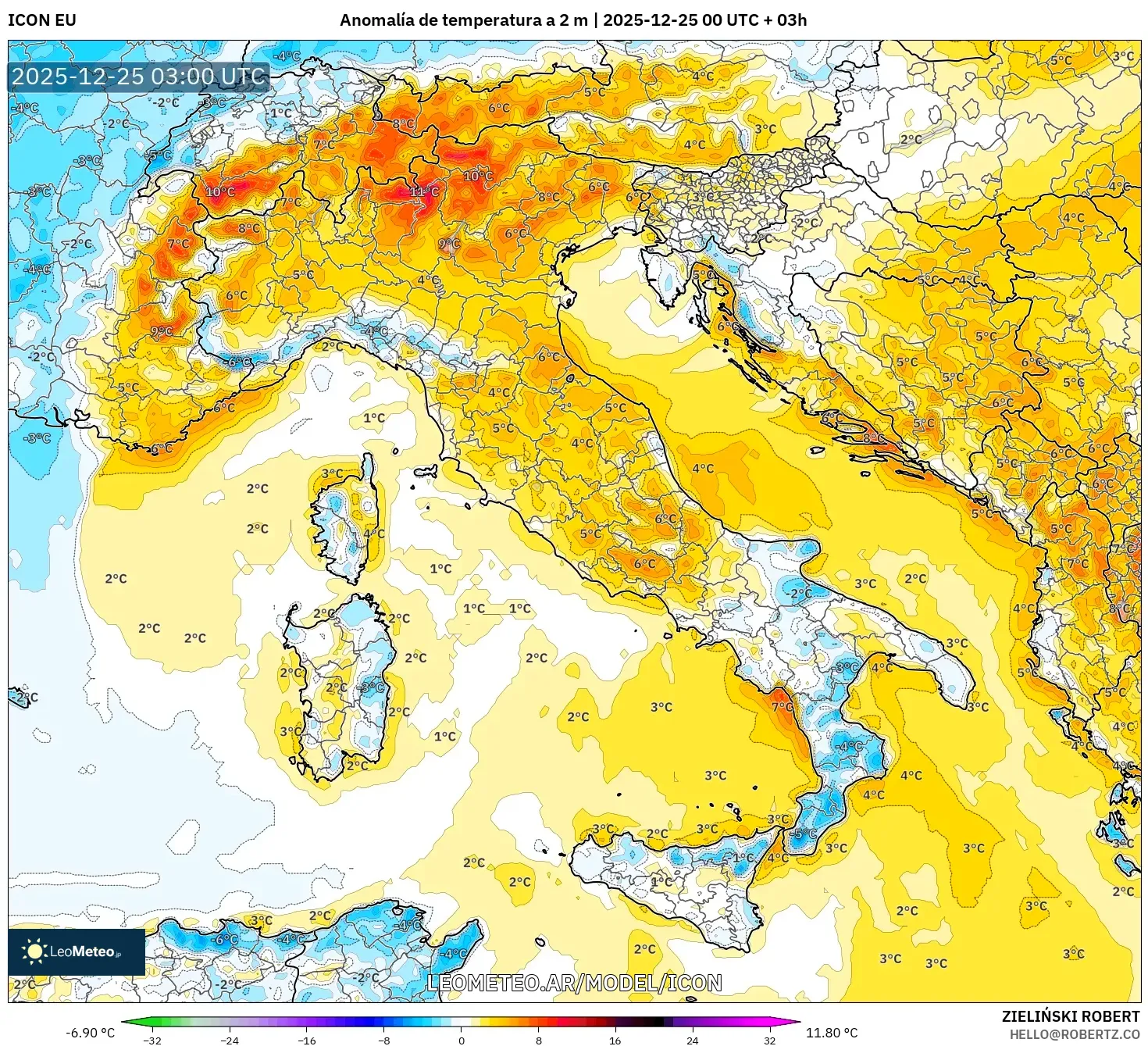 ICON model - Włochy, Anomalia temperatury na 2 m