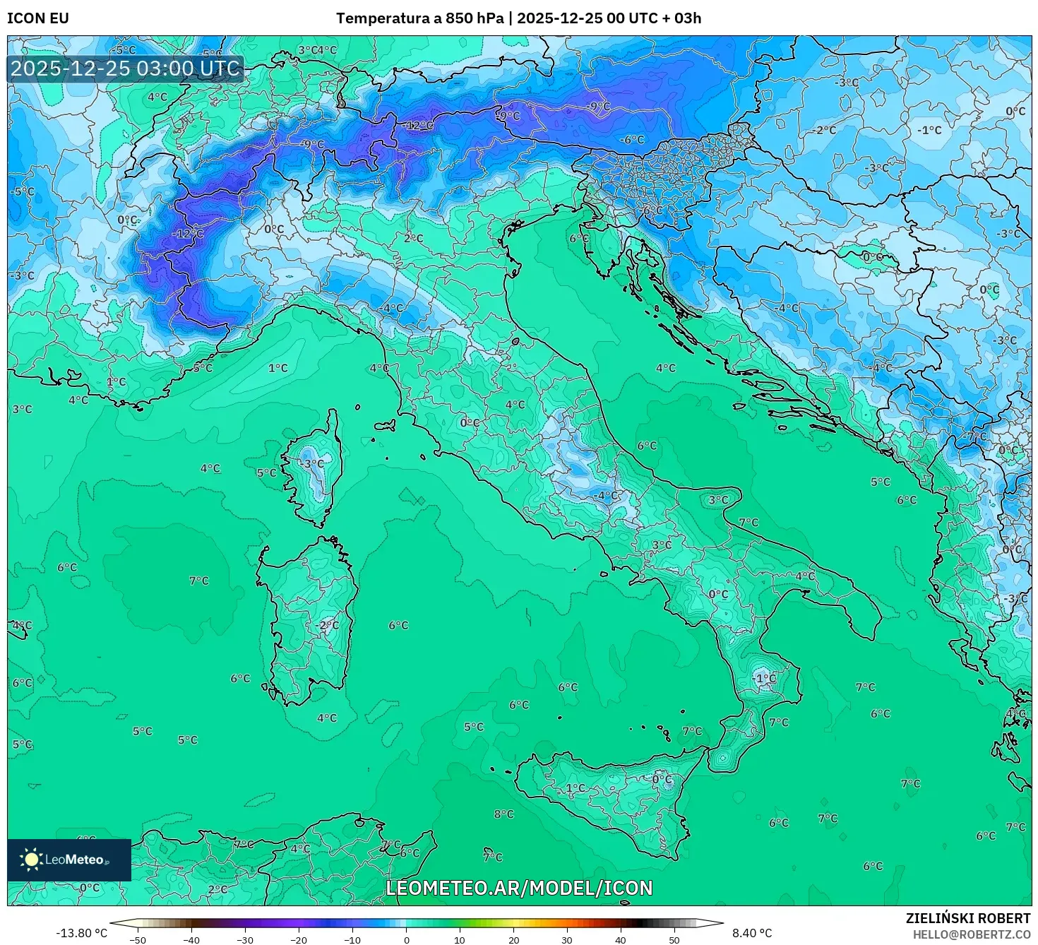 ICON model - Włochy, Temperatura na 850 hPa
